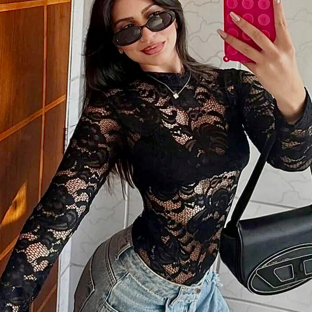 Body Renda Manga Longa Preto