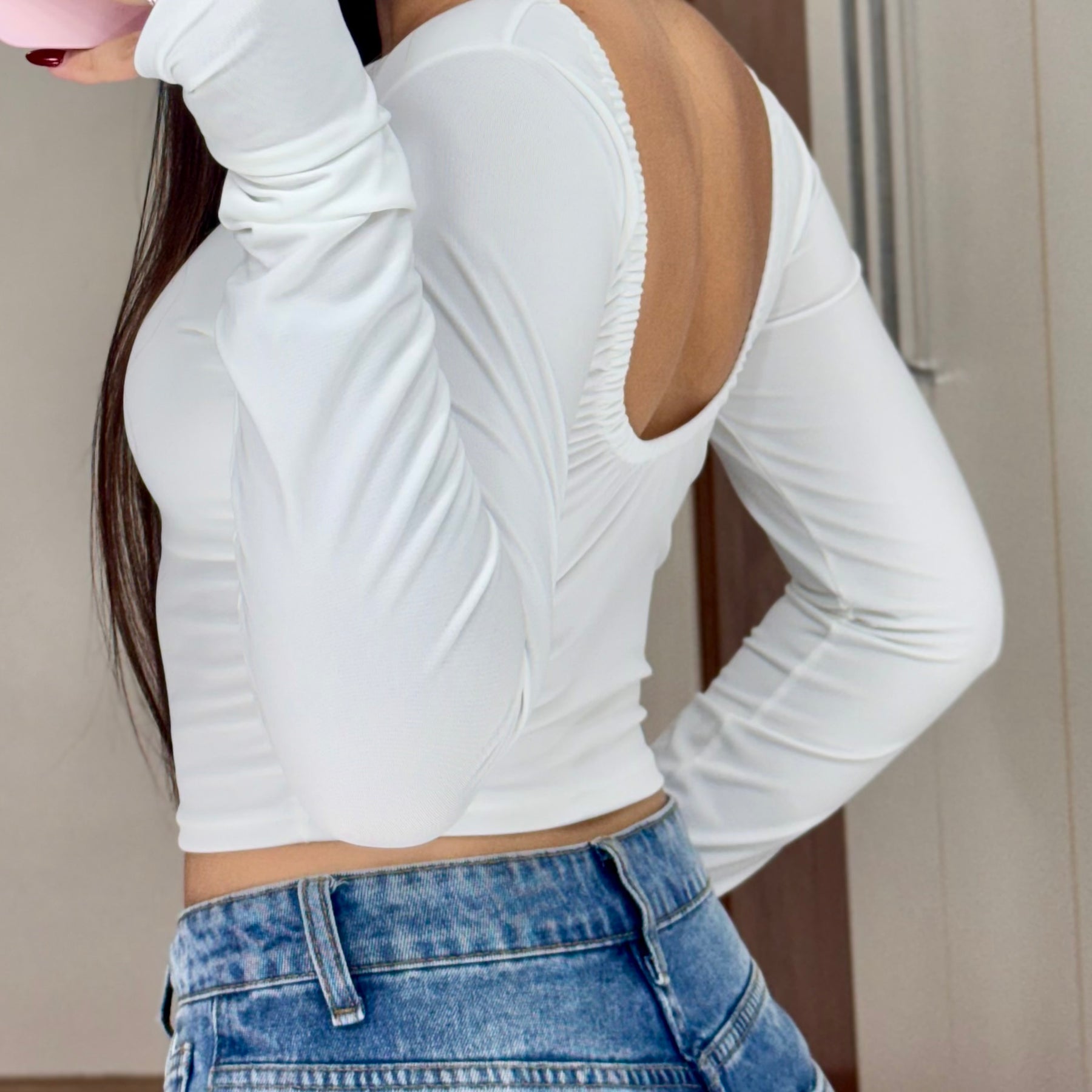 Cropped Costas Abertas Manga Longa com Dedeira