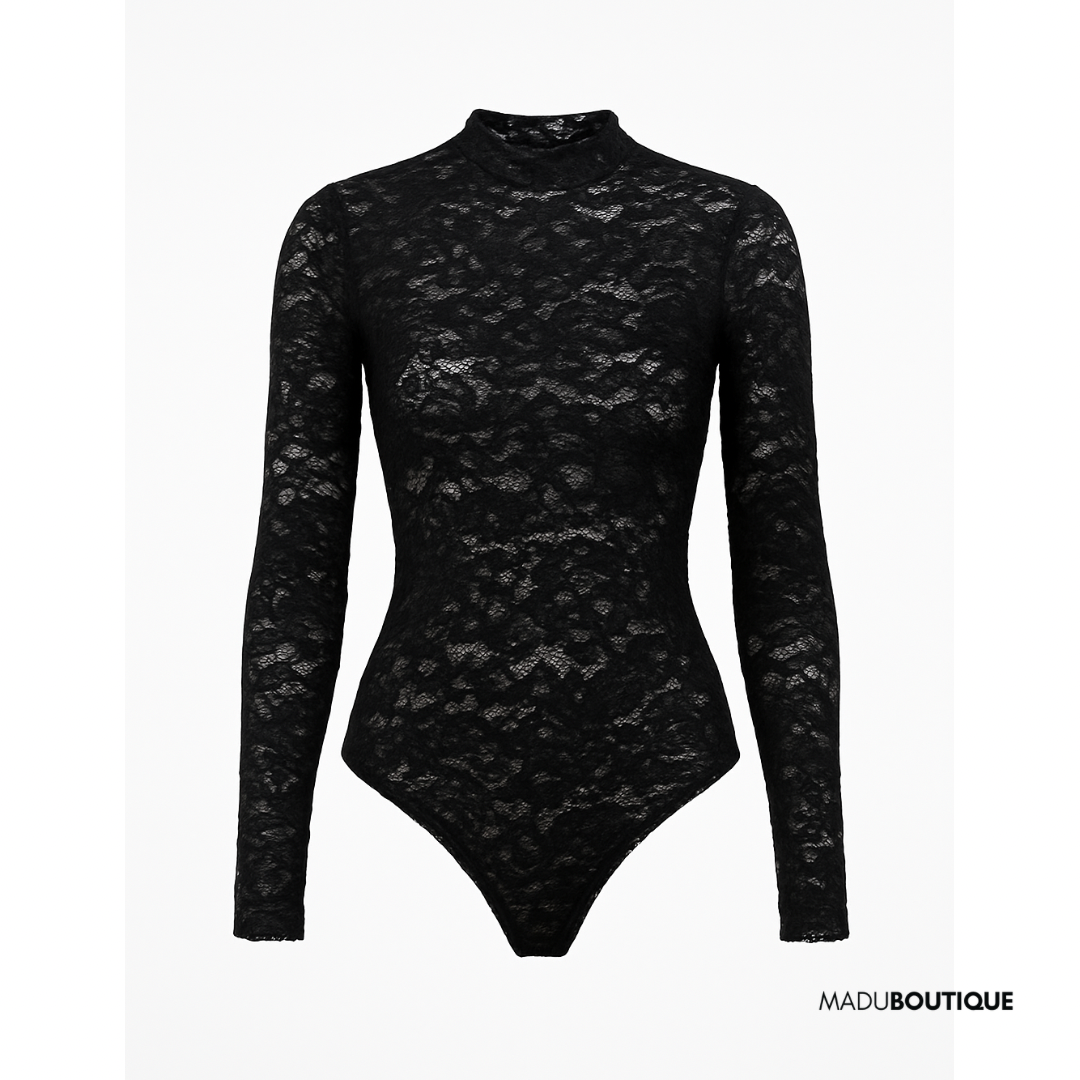 Body Renda Manga Longa Preto