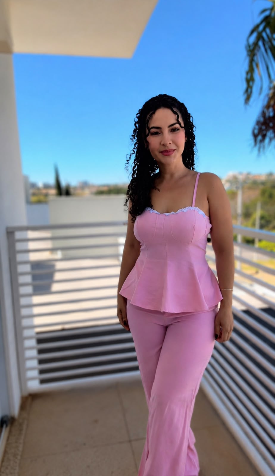 Conjunto Feminino Susane Rosa Sensorial Amarant com Blusa Peplum Corset e Calça Pantalona