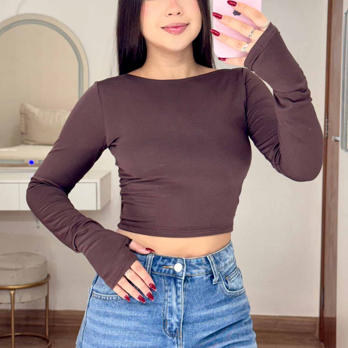 Cropped Costas Abertas Manga Longa com Dedeira