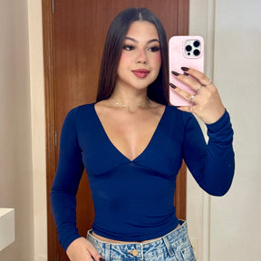 Cropped Manga Longa Decote Efeito Silicone