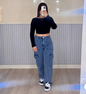 Wide Leg Jeans Cargo Azul