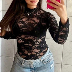 Body Renda Manga Longa Preto
