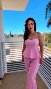 Conjunto Feminino Susane  Rosa Sensorial Amarant com Blusa Peplum Corset e Calça Pantalona