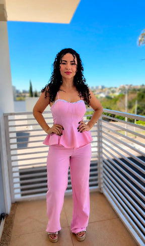Conjunto Feminino Susane  Rosa Sensorial Amarant com Blusa Peplum Corset e Calça Pantalona
