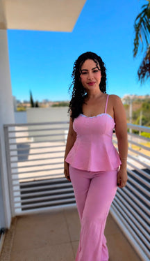 Conjunto Feminino Susane  Rosa Sensorial Amarant com Blusa Peplum Corset e Calça Pantalona