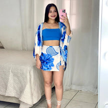conjunto feminino, conjunto cropped e saia, conjunto cropped e kimono, conjunto para festa, conjunto de verão feminino, conjunto casual feminino
